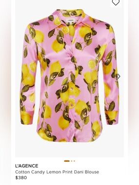 NWT $380 L'AGENCE Cotton Candy Lemon Print Dani Blouse Size Large , 100% SILK